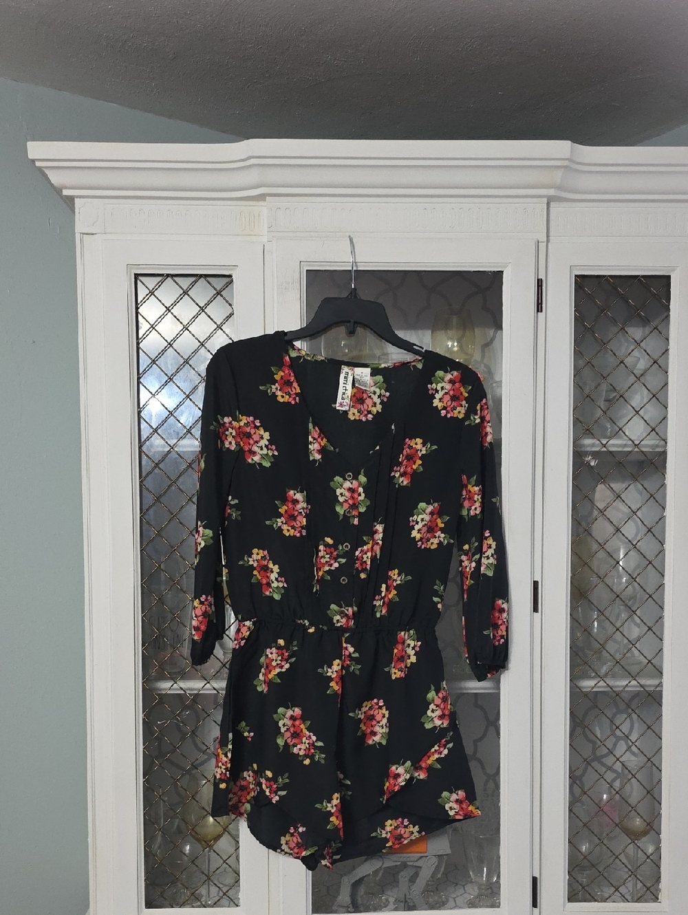 Mimi Chica Black Floral Long Sleeve Romper with Pink & Yellow Blooms
